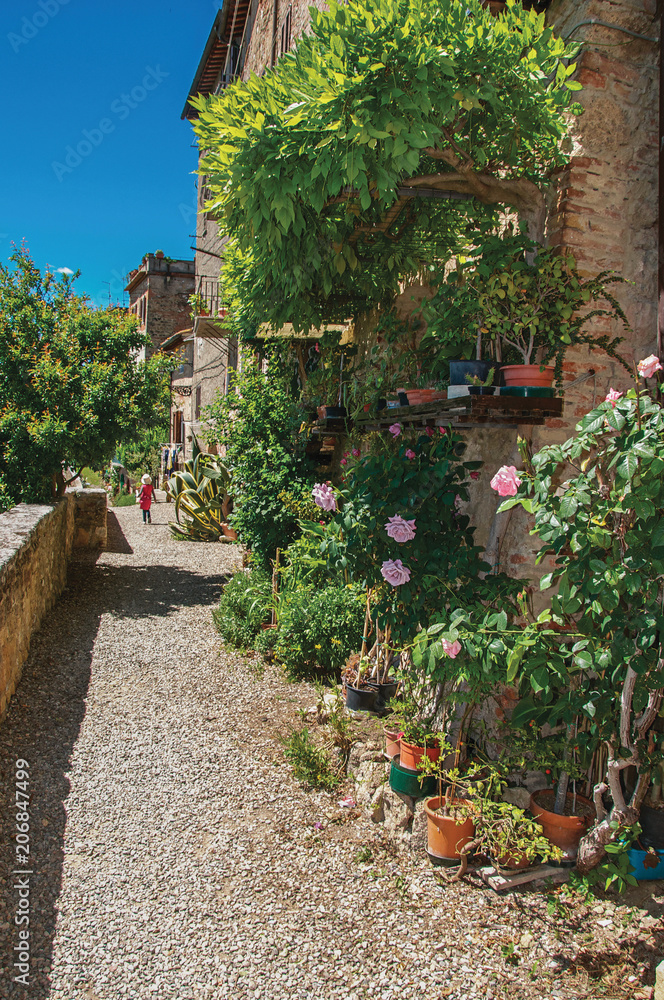Street view with pebble walkway, flowering plants and little girl in the background at the town of Colle di Val d Elsa. A graceful village with its historic center preserved. In the Tuscany region 