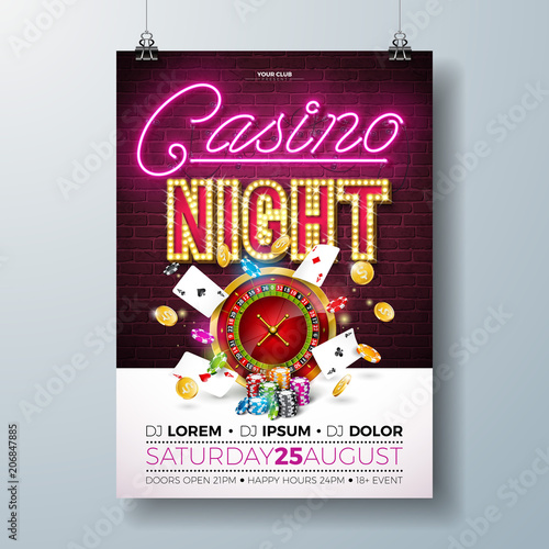 Vector Casino night flyer illustration with gambling design elements and shiny neon light lettering on brick wall background. Lighting signboard, roulette wheel, playing chips, gold coin and poker