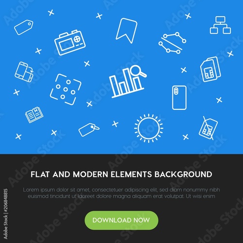 charts, mobile, photos, bookmarks outline vector icons and elements background concept on blue background.Multipurpose use on websites, presentations, brochures and more