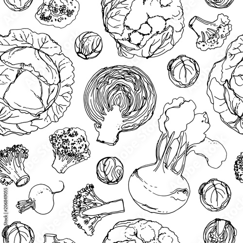 The pattern of painted colored vegetables line drawn on a white 