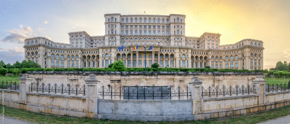 Sunset at the Palace of the Parliament in Bucharest, Romania
