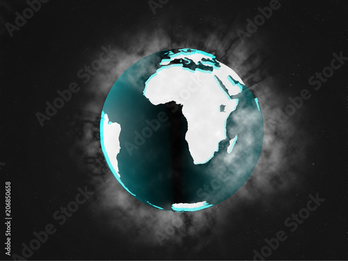 Earth planet Isolated Dark shadow lighting globe of Earth planet in space with vapour luminous continents and blue world ocean and clouds on black space background 3d illustration
