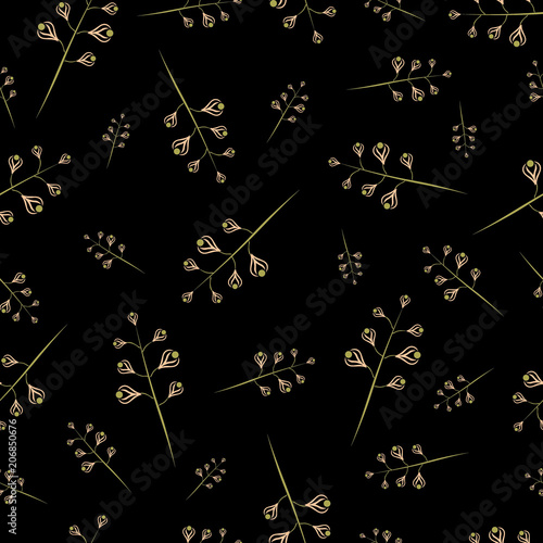 Black background seamless floral pattern with golden flower branches. Modern style. Minimalism