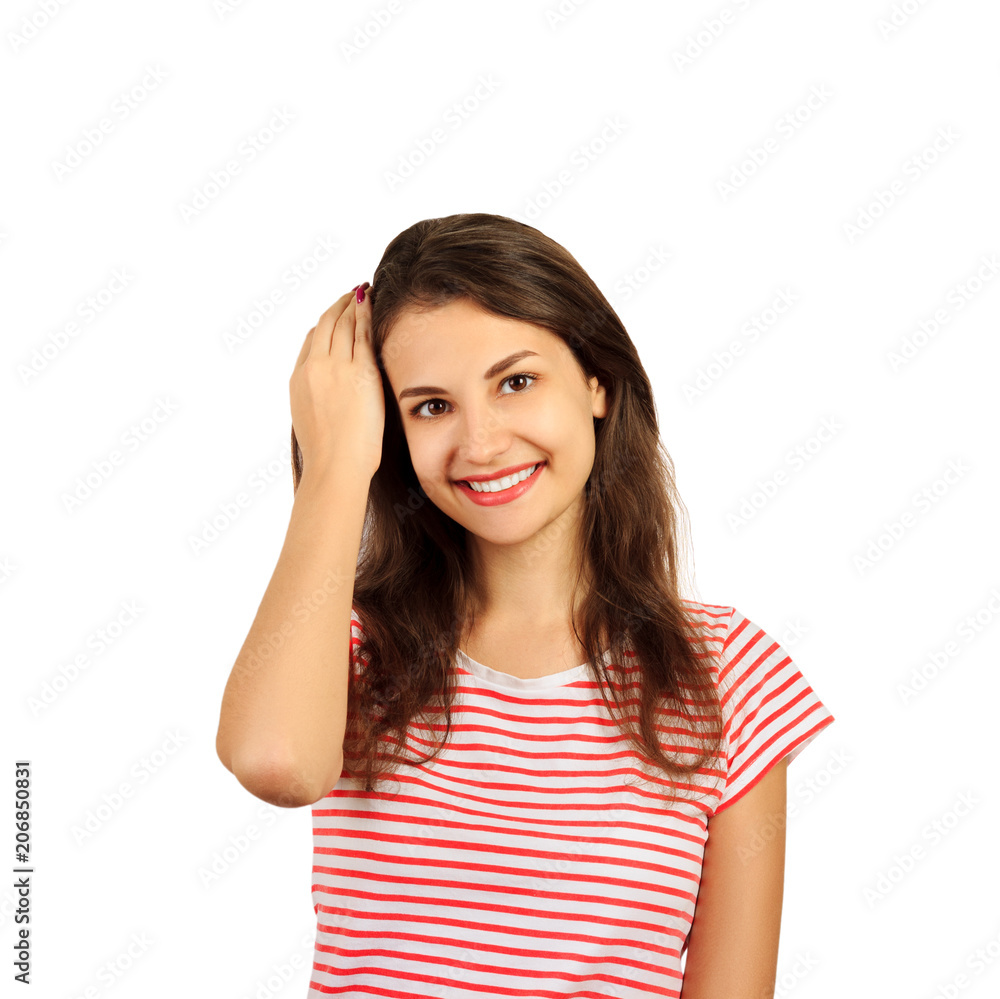 portrait of a beautiful girl who smiles happily and adjusts her hair. emotional girl isolated on white background portrait of a beautiful girl who smiles happily and adjusts her hair. emotional girl isolated on white background
