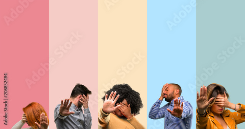 Cool group of people, woman and man stressful and shy keeping hand on head, tired and frustrated