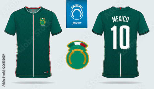 Soccer jersey or football kit template design for Mexico national football team. Front and back view soccer uniform. Football t shirt mock up. Vector Illustration