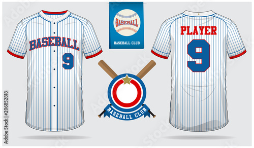 Baseball jersey, sport uniform, raglan t-shirt sport, short, sock template. Baseball t-shirt mock up. Front and back view baseball uniform. Flat baseball logo on blue label. Vector Illustration.