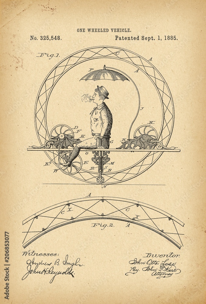 1885 Patent Velocipede Bicycle Unicycle history invention