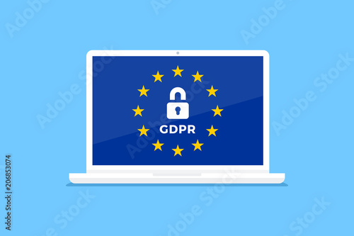 GDPR, General data protection regulation concept. Laptop with european union flag, and privacy padlock