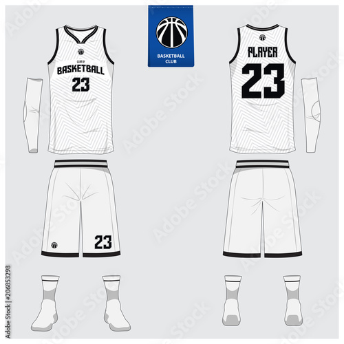 Basketball jersey or sport uniform template design for basketball club. Front and back view sport t-shirt design. Tank top t-shirt mock up with basketball flat logo design. Vector Illustration.