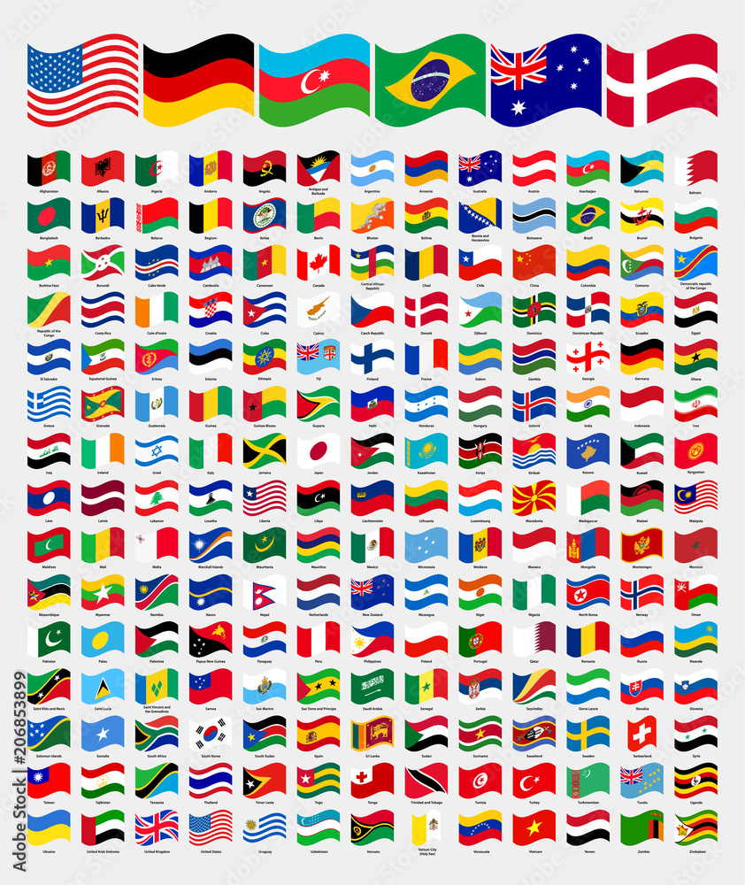Vetor do Stock: All waved around the world flags with names collection ...