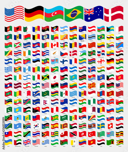 All waved around the world flags with names collection, set, vector illustration simple modern flags, country symbols shape