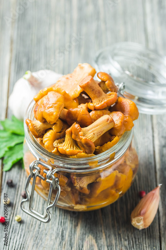 Marinated chanterelle mushrooms in glass jar on rustic background. Selective focus, space for text.