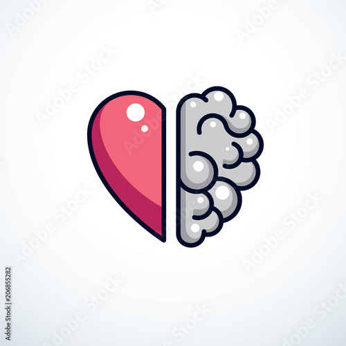 Heart and Brain concept, conflict between emotions and rational thinking, teamwork and balance between soul and intelligence. Vector logo or icon design.