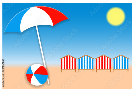 Beach umbrella, bright ball and beach huts on the seacoast. Vector illustration EPS10