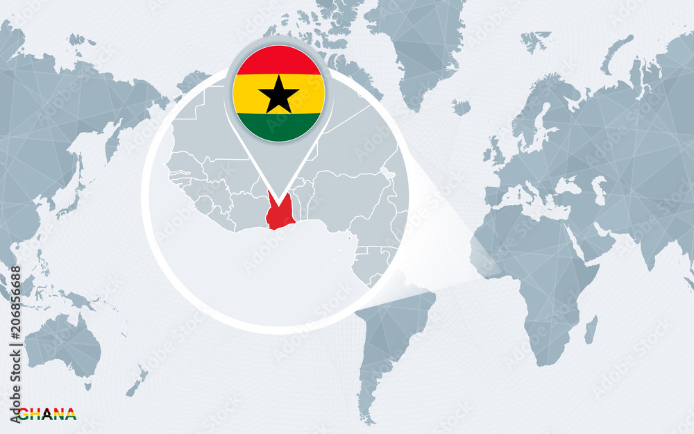 Obraz premium World map centered on America with magnified Ghana.