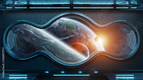 Fototapeta Naklejka Na Ścianę i Meble -  Black tech spaceship round window interior background 3D rendering