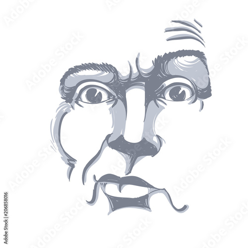 Monochrome vector hand-drawn image, young man in doubt, disbeliever. Black and white illustration of skeptic guy, features of visage.