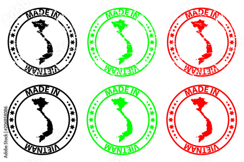 Made in Vietnam - rubber stamp - vector,  Socialist Republic of Vietnam map pattern - black, green and red