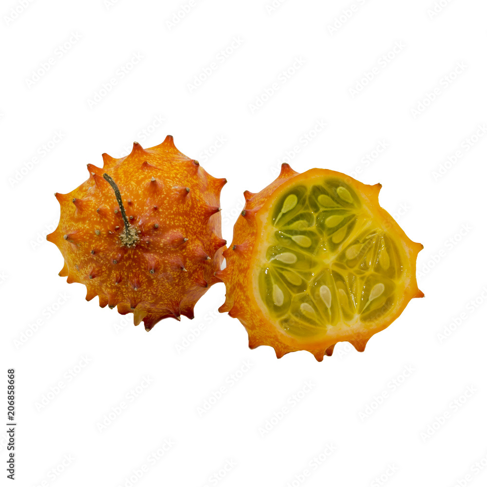 two halves of kiwano isolated on white background two halves of kiwano isolated on white background