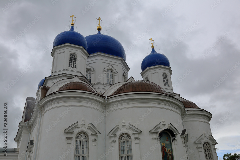 Fototapeta premium BOGOLYUBOVO, RUSSIA - MAY 19, 2018: The facade of the Holy Bogolyubsky Female Monastery of the Nativity of the Virgin. Founded in the 12th century 