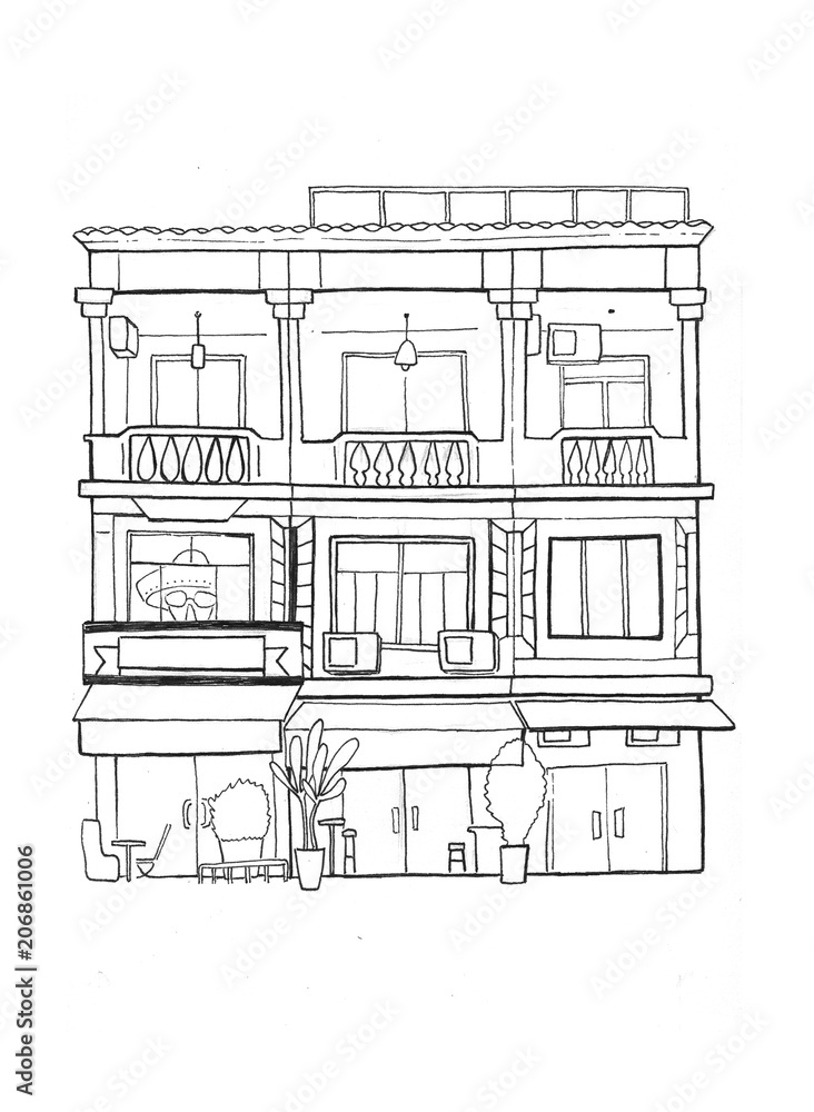 Three cambodian houses handdrawn sketch. European colonial architecture. Black and white travel sketch.