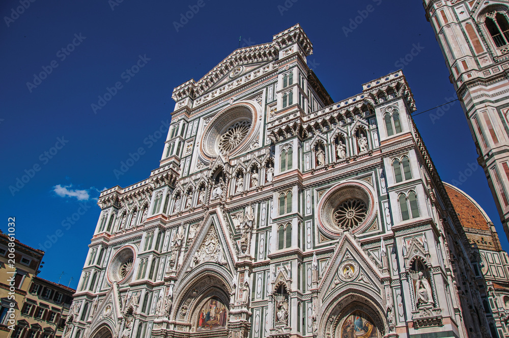 Close-up of square with the Cathedral Santa Maria del Fiore and Giotto's Campanile (bell tower). In Florence, the famous capital of the Italian Renaissance. Tuscany region
