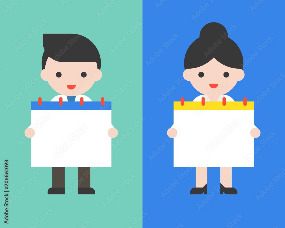 Cute businessman and woman holding blank calendar, flat design vector template Cute businessman and woman holding blank calendar, flat design vector template