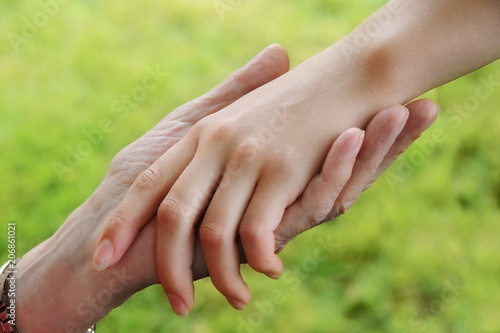 senior's hand holds the hand of a young woman, aid concept, green background © Maren Winter