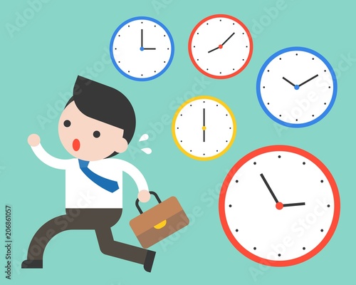 Cute businessman running in rush hours and clocks, flat design time management concept