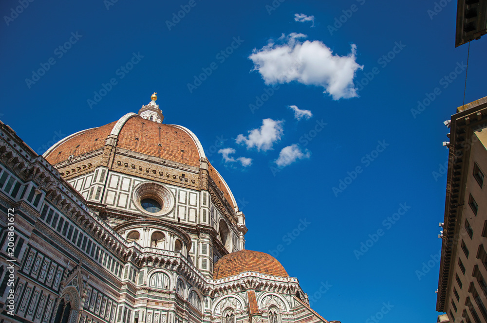 Close-up of the sculptural work on the dome of the Santa Maria del Fiore Cathedral. In the city of Florence, the famous and amazing capital of the Italian Renaissance. Located in the Tuscany region