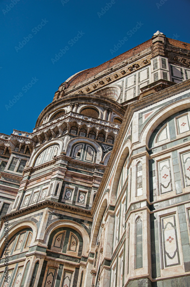 Close-up of the sculptural work on the dome of the Santa Maria del Fiore Cathedral. In the city of Florence, the famous and amazing capital of the Italian Renaissance. Located in the Tuscany region Close-up of the sculptural work on the dome of the Santa Maria del Fiore Cathedral. In the city of Florence, the famous and amazing capital of the Italian Renaissance. Located in the Tuscany region