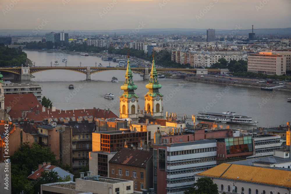 View to  Danube River from Fishing Bastion at sunset, Budapest, Hungary