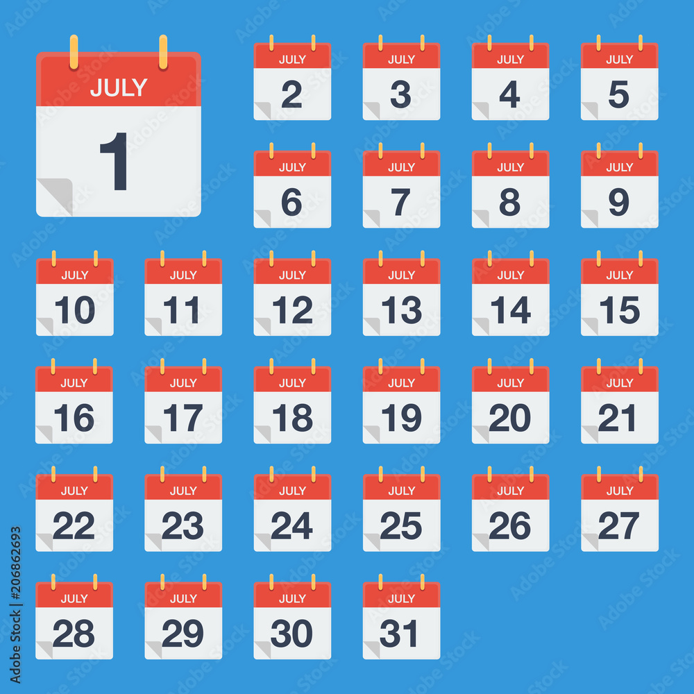 Flat calendar July Icon. Calendar on the wall. Vector illustration. Flat calendar July Icon. Calendar on the wall. Vector illustration.