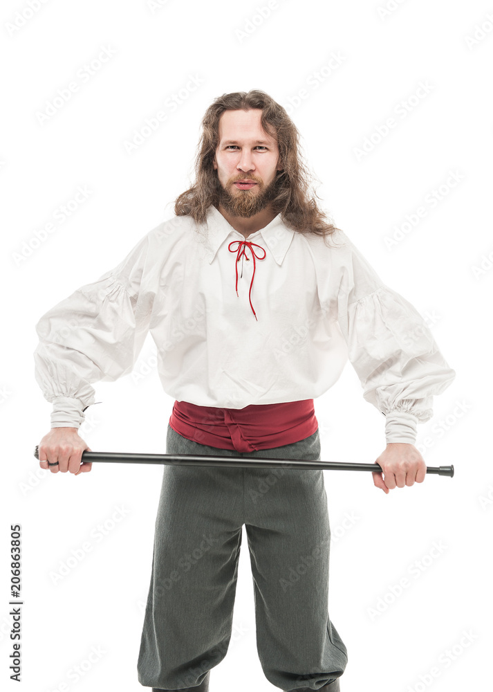 Handsome man in historical pirate costume with cane isolated Handsome man in historical pirate costume with cane isolated