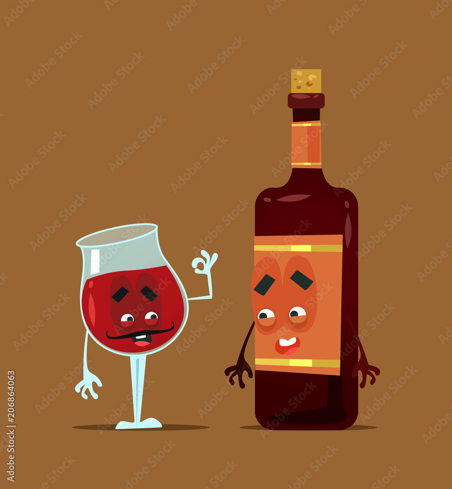 Red wine bottle and glass best friends. Alcohol party flat cartoon  illustration graphic design concept element Stock Vector | Adobe Stock