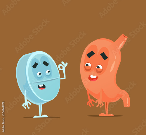 Stomach and pill characters best friend. Gastroenterology health treatment flat cartoon illustration graphic design concept element