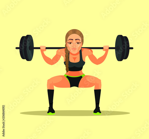 Sporty fitness bodybuilder athlete instructor teacher woman doing exercise squat with heavy barbell. Sport flat cartoon illustration graphic design concept