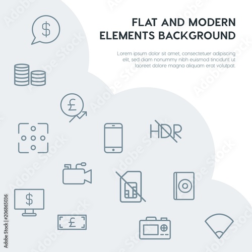 money, mobile, video, photos outline vector icons and elements background concept on grey background.Multipurpose use on websites, presentations, brochures and more