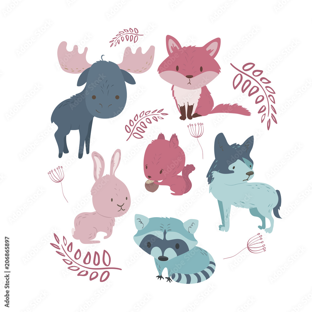 Fototapeta premium Wild forest animals set cartoon illustration