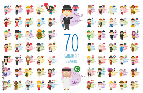 Vector illustration of cartoon characters saying hello and welcome in 70 different languages of the world
