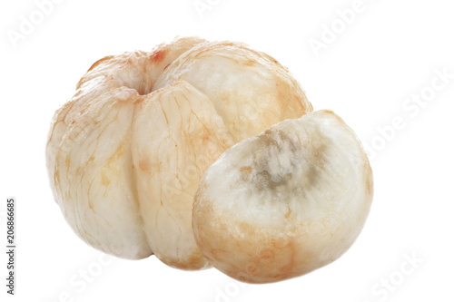 two slices of shelled mangosteen isolated on white background