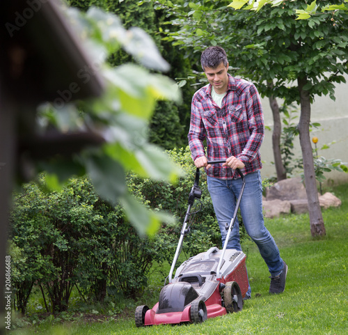 Gardener mowing lawn in backyard