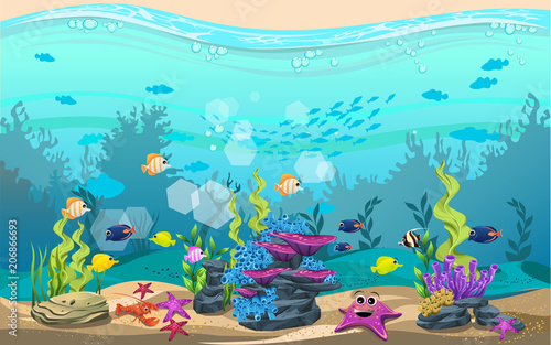 the beauty of the sea. there are fish and corals.