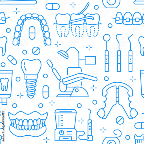 Dentist, orthodontics blue seamless pattern with line icons. Dental care, medical equipment, braces, tooth prosthesis, floss, caries treatment, toothpaste. Health care background for dentistry clinic.