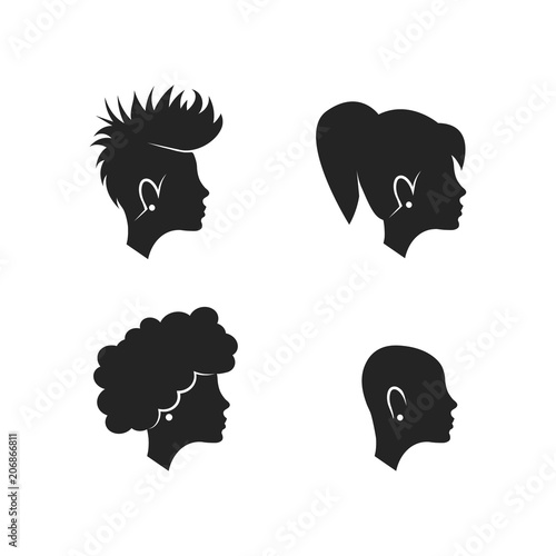 Silhouettes of woman head, black icons on white background.