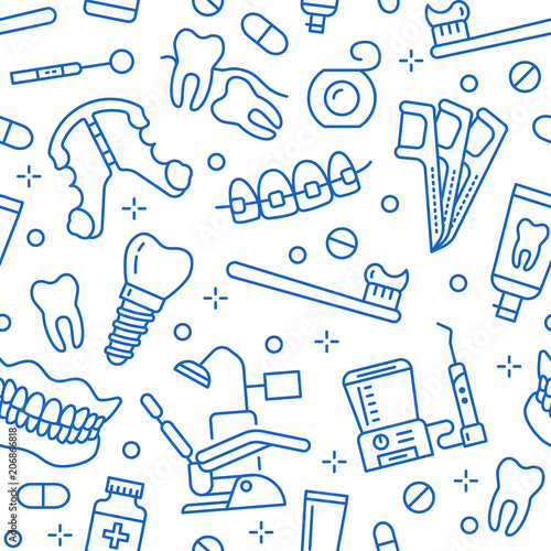Dentist, orthodontics seamless pattern with line icons. Dental care, medical equipment, braces, tooth prosthesis, floss, caries treatment, toothpaste. Health care blue background for dentistry clinic.
