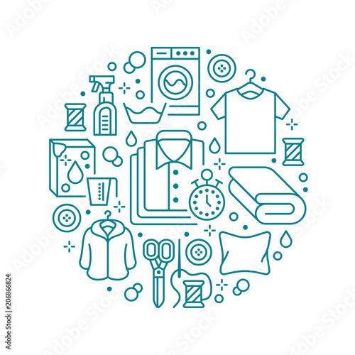 Dry cleaning, banner illustration with flat line icons. Laundry service equipment, washing machine, clothing shoe leather repair, garment, shirts. Circle template thin linear signs launderette poster.