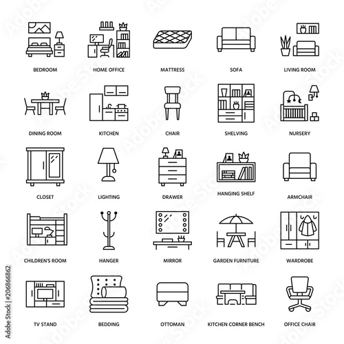 Furniture vector flat line icons. Living room tv stand, bedroom, home office, kitchen corner bench, sofa, nursery, dining table, bedding. Thin signs collection for modern interior store.