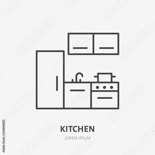 Kitchen flat line icon. Apartment furniture sign, vector illustration of fridge, stove. Thin linear logo for interior store.